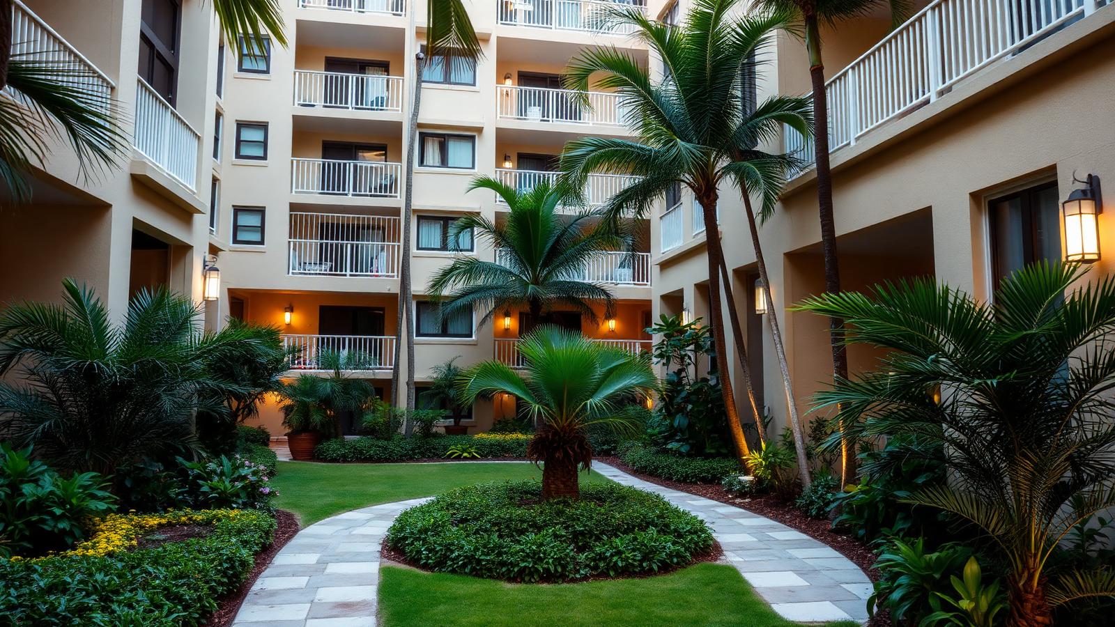 Área común de un condominio residencial bien mantenido