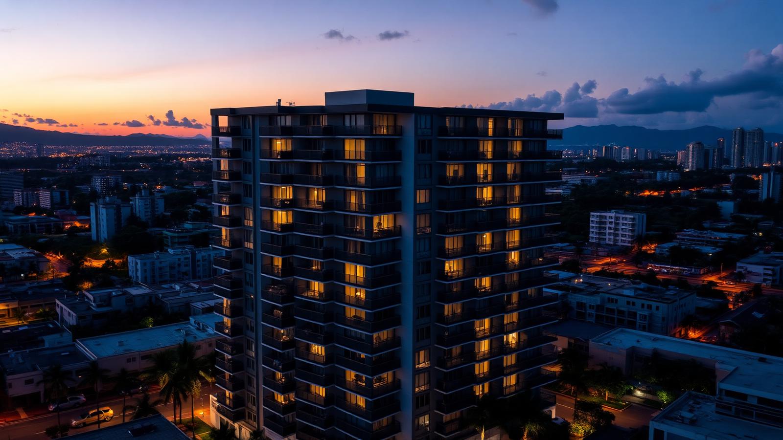 Edificio multifamiliar en Puerto Rico al anochecer